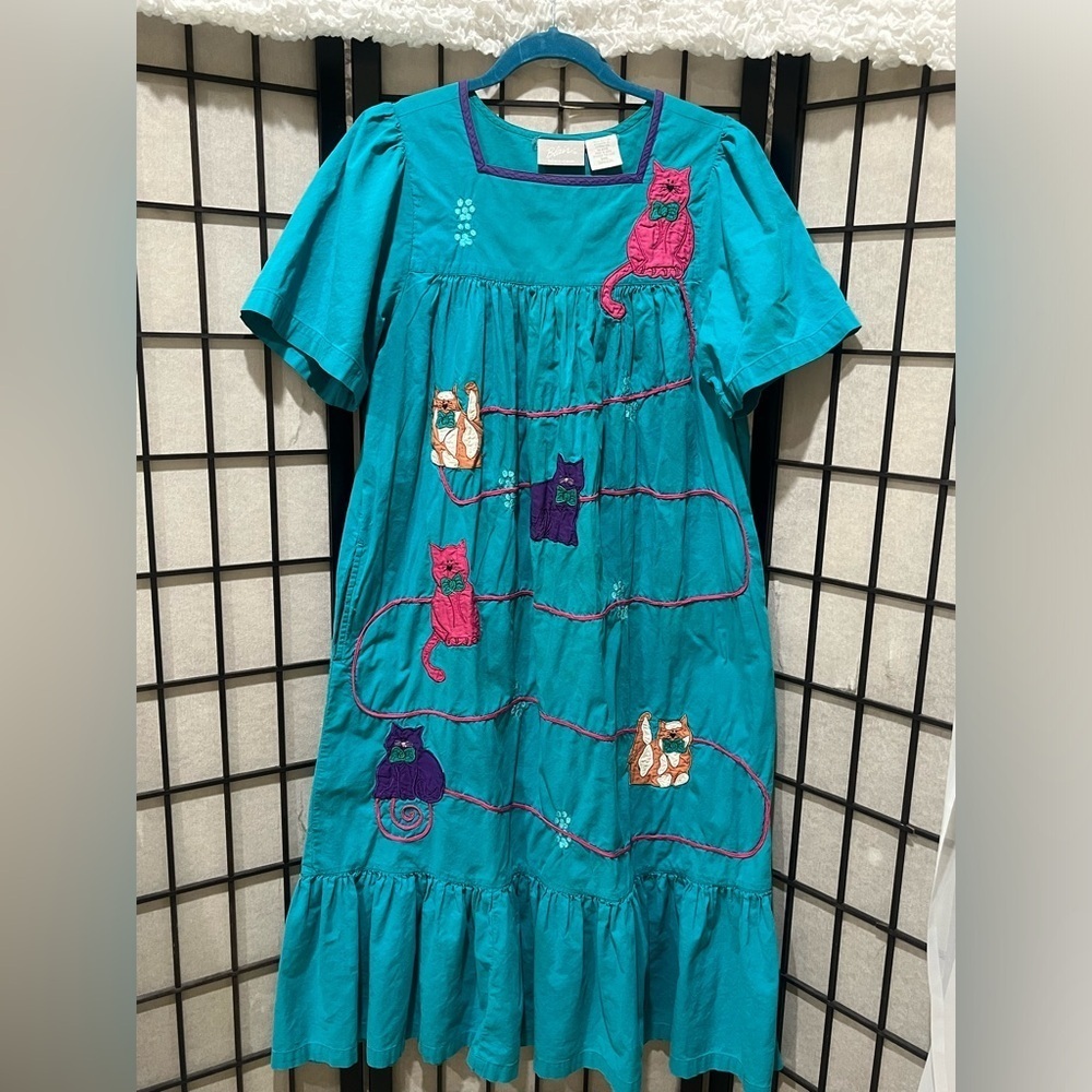 BLAIR Teal Dress with Cat Embroidery, PATIO DRESS, LOUNGE, WOMENS SIZE SML